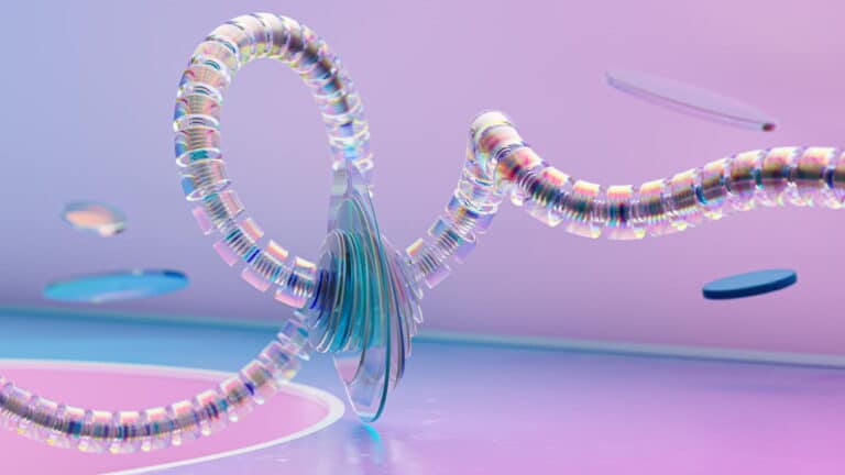 A colorful, abstract 3D design featuring intertwined transparent tubes and floating discs on a pastel background.