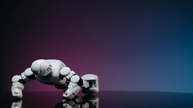 A white robot performing a push-up pose on a reflective surface with a gradient background.