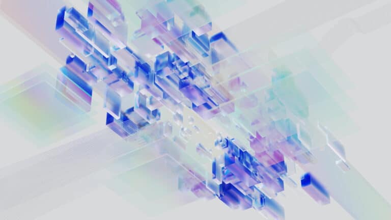 Abstract digital visualization of an AI neural network with translucent bubble-like structure containing blue and purple hues against a textured white background