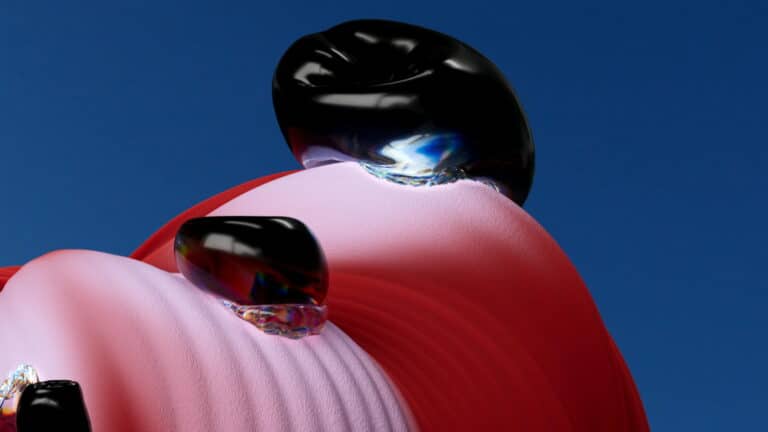 Abstract 3D render of black glossy droplets on pink and red curved surface against blue background