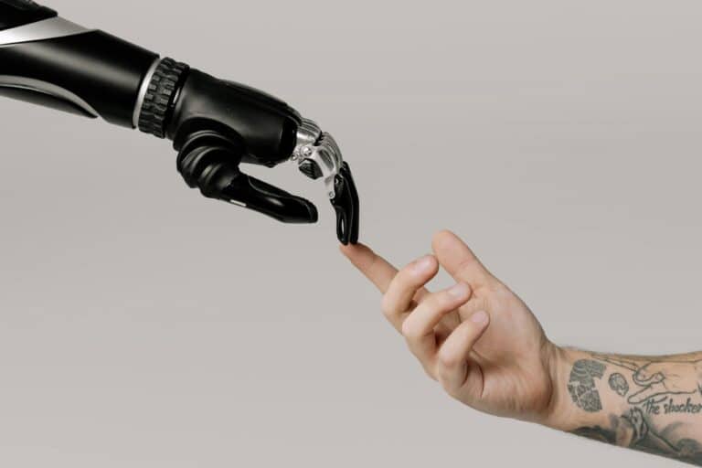 AI for Currency Exchange Services showing robotic hand touching human finger symbolizing digital transformation in finance