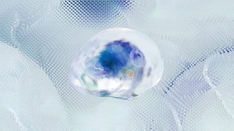 Abstract translucent bubble-like shape with blue and green hues on a textured background