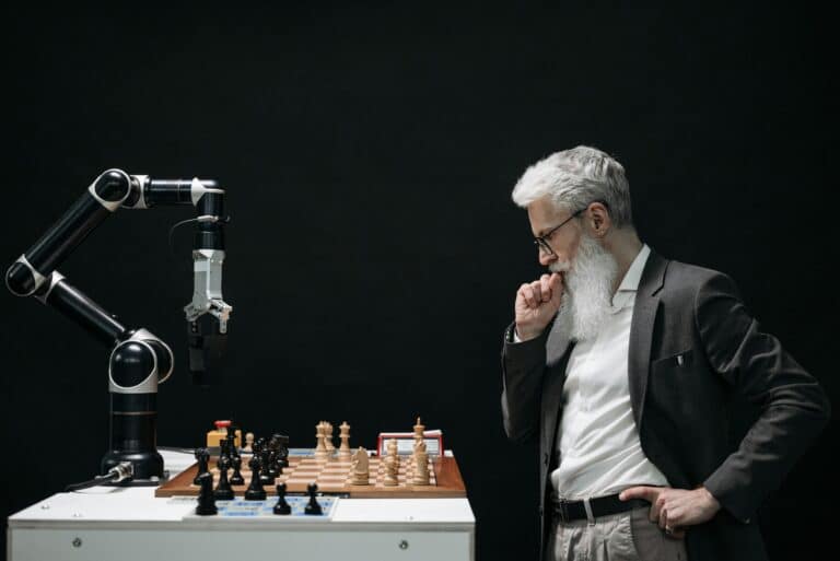 AI for Regulatory Compliance - A robotic arm playing chess with a thoughtful human opponent.