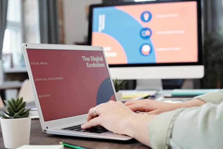 AI for ESL Conversation Club Services: Laptop displaying AI concepts in a digital evolution, symbolizing AI's role in modern ESL learning.