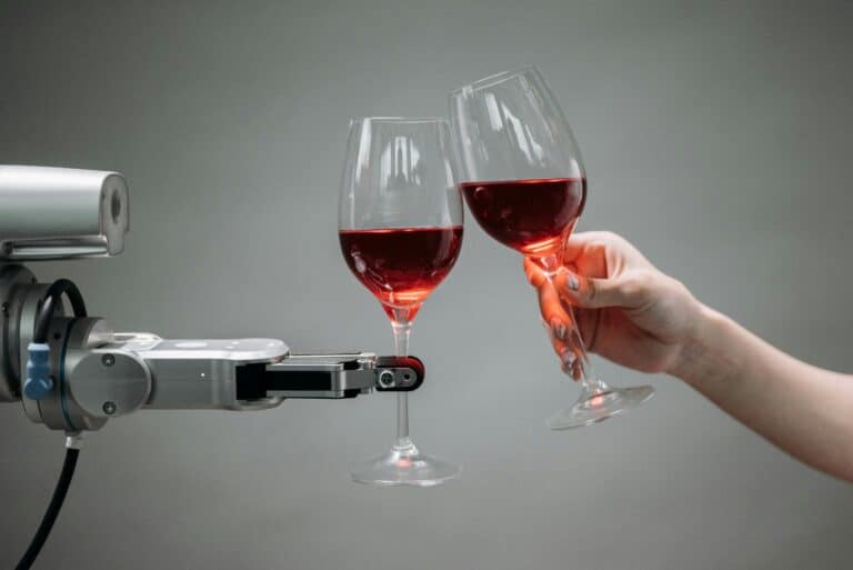 AI for Freelance Tax Advisory Services - robotic arm and human hand clinking wine glasses
